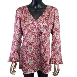 Sundance Silk Blouse Red Paisley V Neck Boho Peasant Top Petite 10 P10